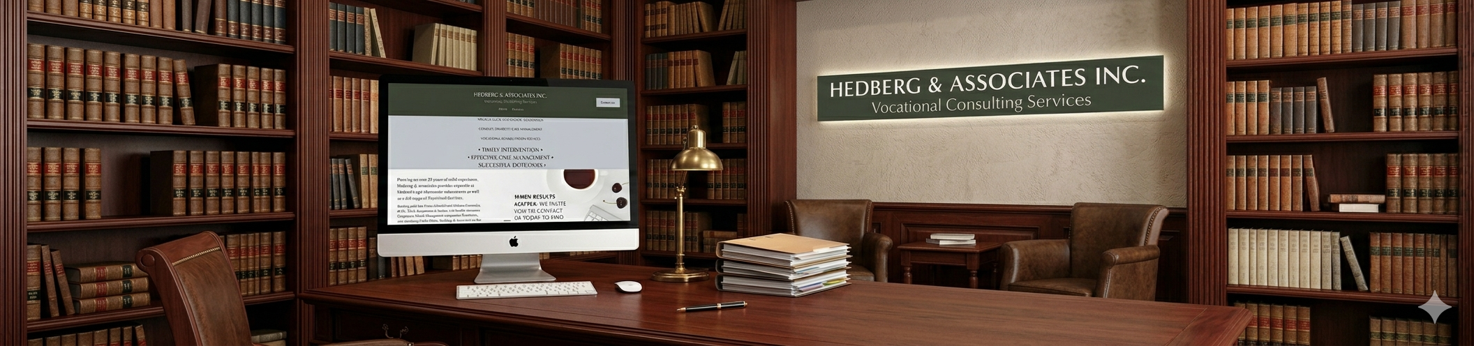 A professional office with wooden bookshelves filled with legal books, a desk with a computer, stacks of papers, a pen, and a lamp. A sign on the wall reads 'Hedberg & Associates Inc. Vocational Consulting Services.'