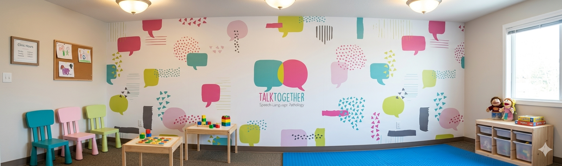Colorful speech therapy room with a wall mural of speech bubbles, a row of turquoise, pink, and green chairs, small tables with toys, and plush dolls by a window.