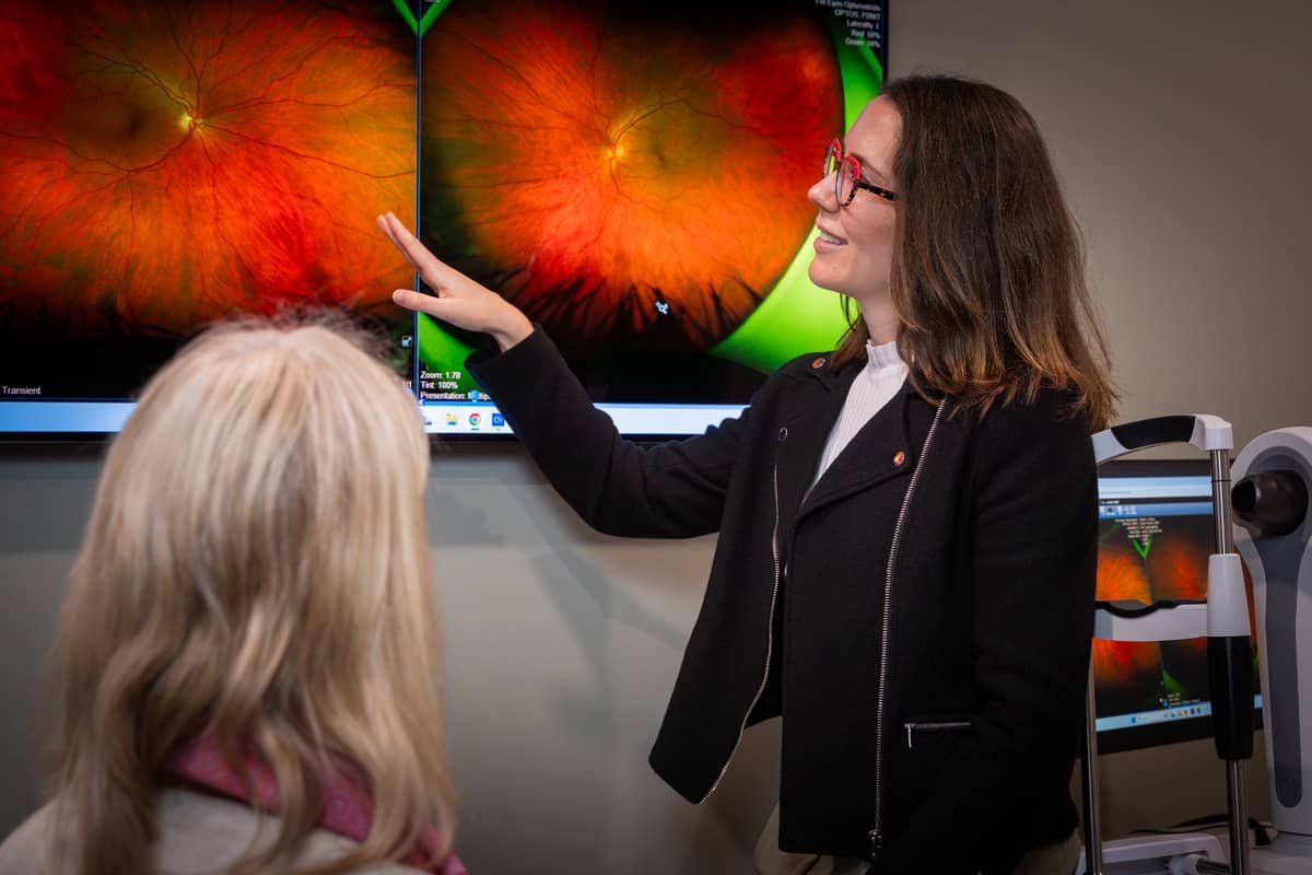 Sinead Denny, our Fremantle optometrist providing eye-health first care for a local Fremantle patient in our Fremantle (Perth) based optometry clinic.