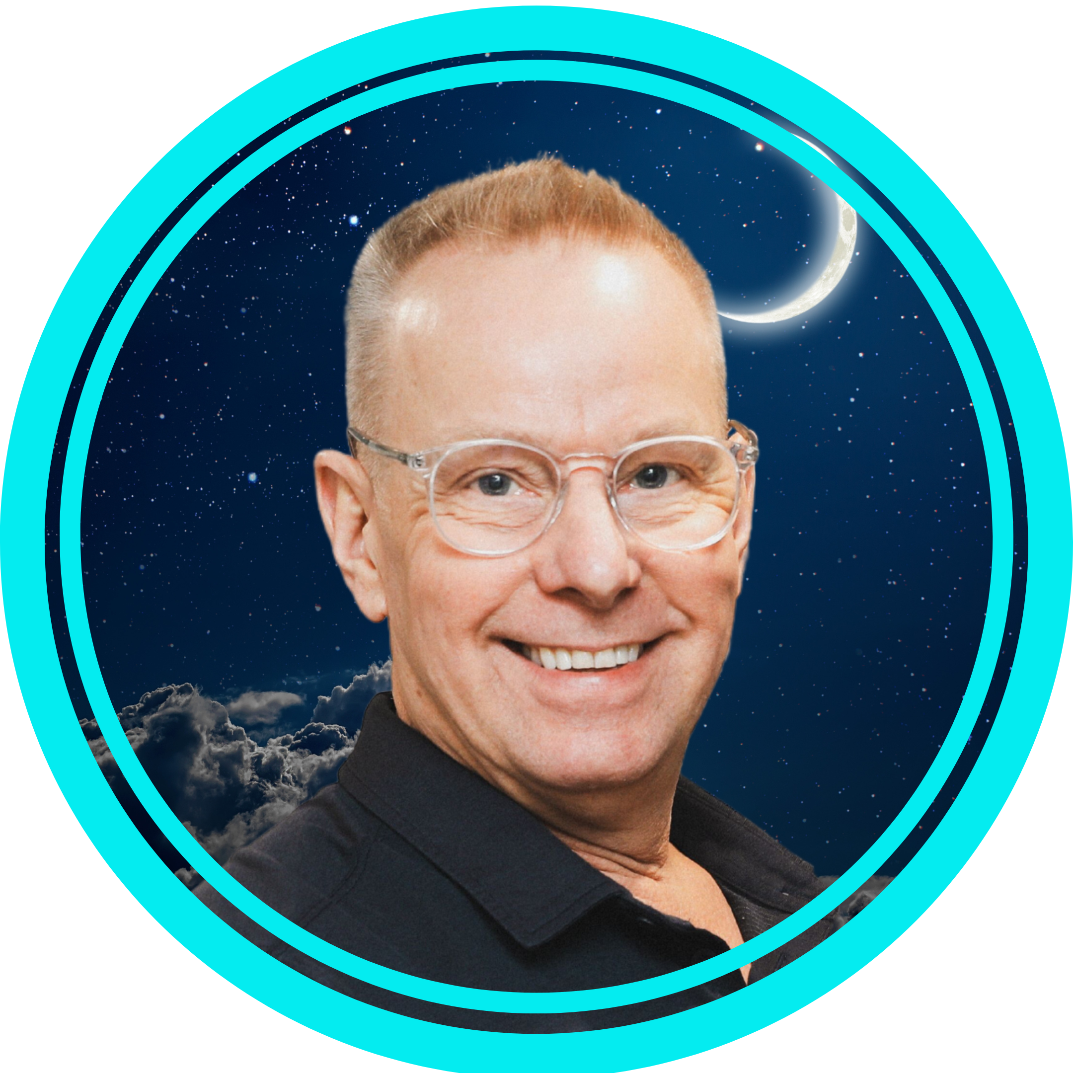 Smiling man with glasses in front of a starry night sky with clouds and a crescent moon, framed by a circular blue border.