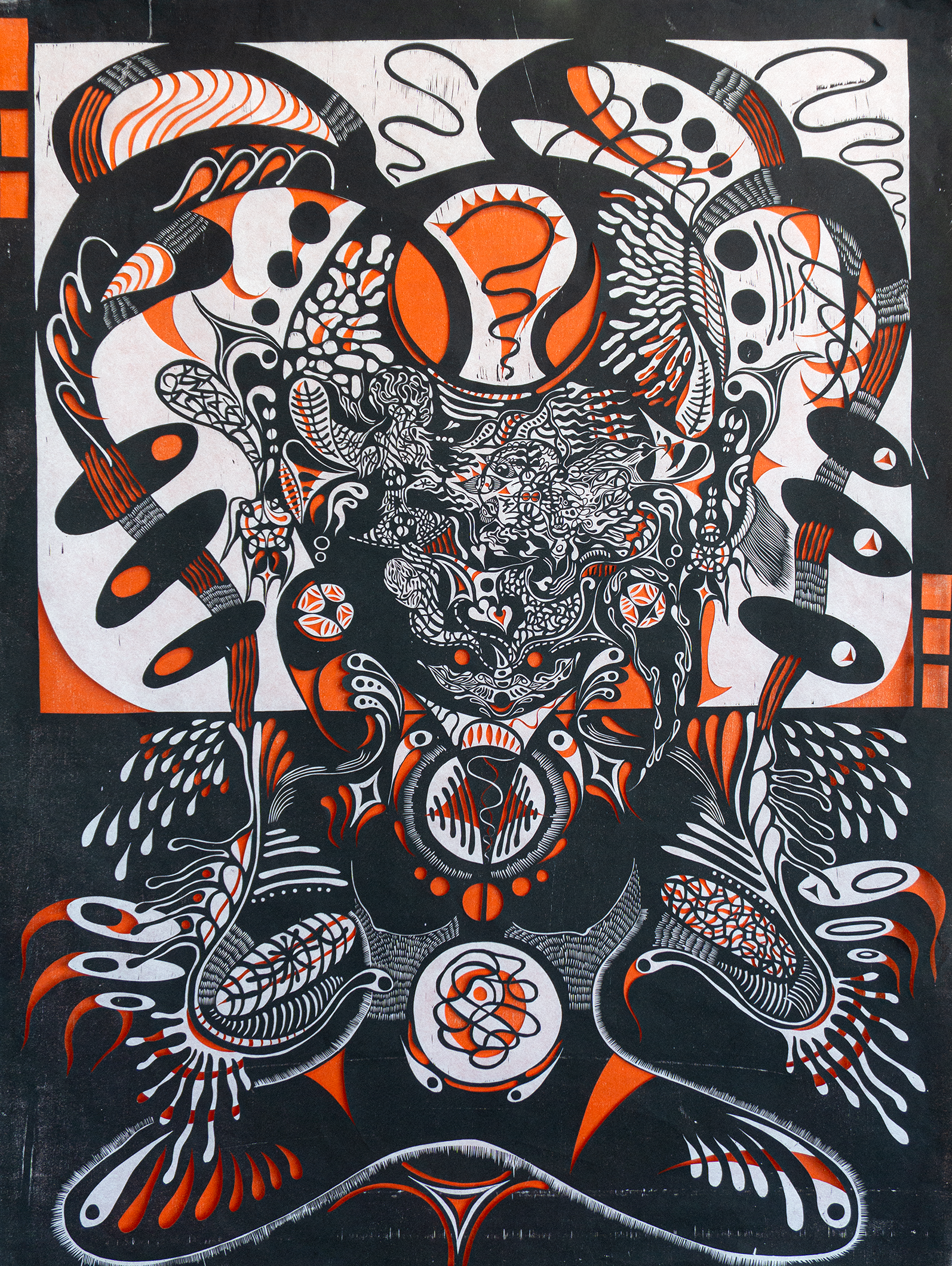 The Witness - where is momo?, woodcut
prints, cyanotype, 24 x 36 inches