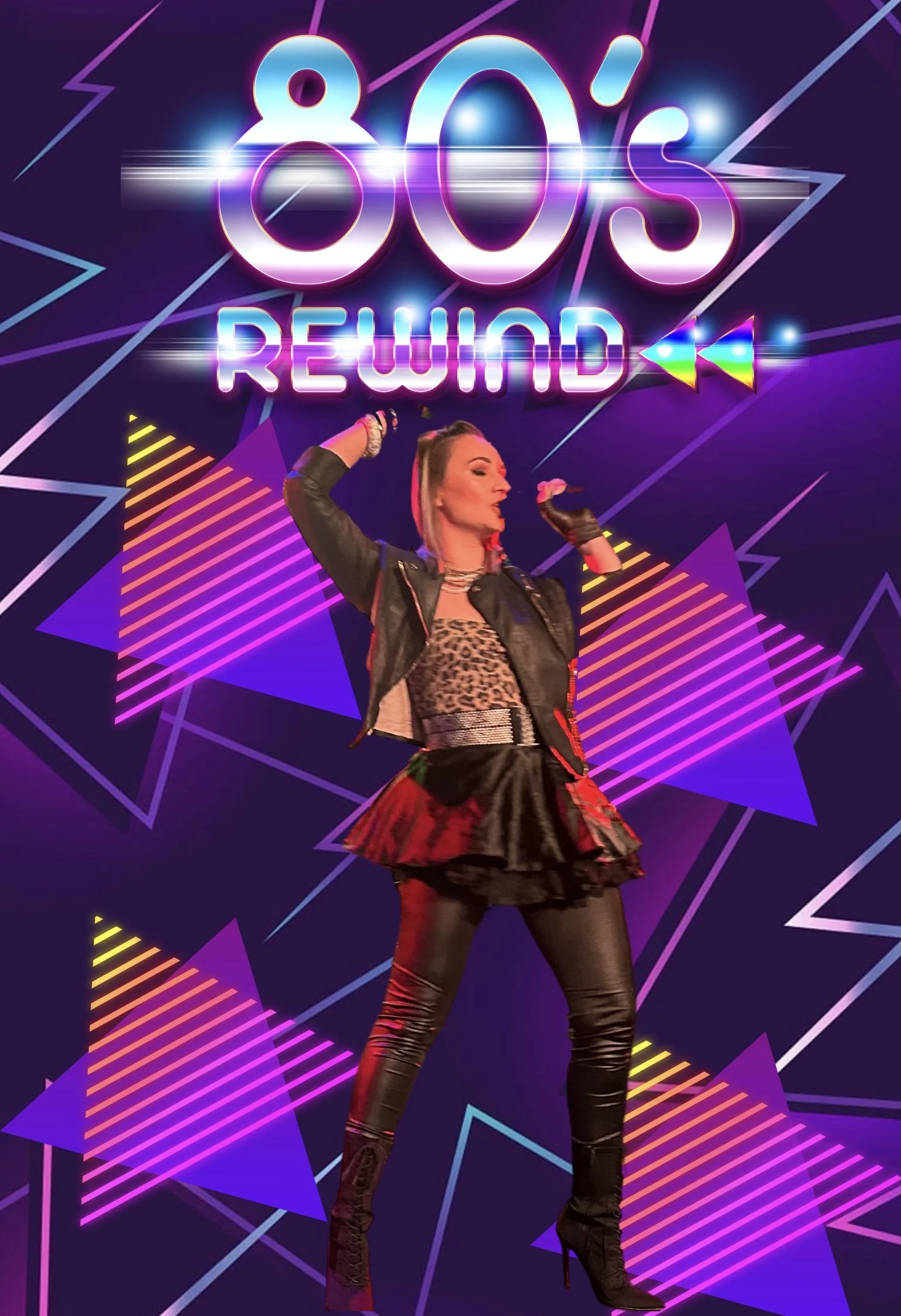 80’s Rewind live performance – Beth Brookes singing with retro costumes, dancers, and vibrant 1980s-style lighting on stage