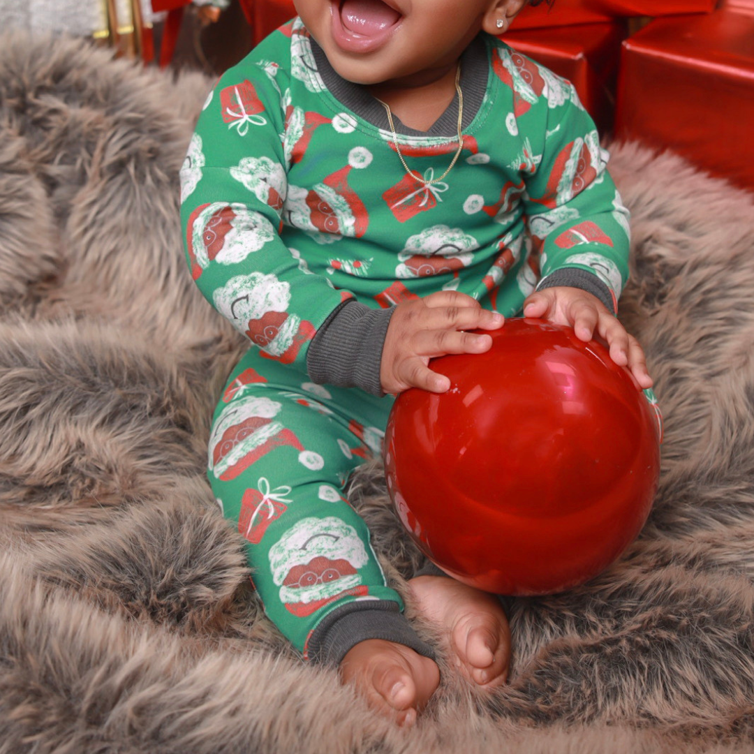 Two Piece Set  -  Black Santa Pajamas -  Green | Baby & Kids Sizes