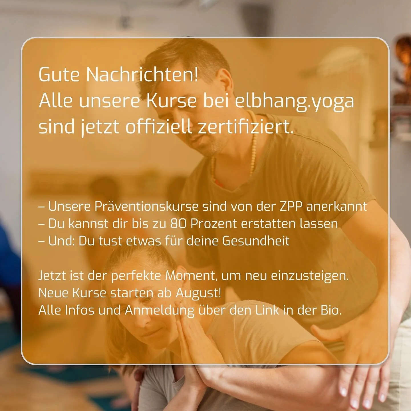 🧘&zwj;♂️ Gute Nachrichten!
Alle unsere Kurse bei elbhang.yoga sind jetzt offiziell zertifiziert ✅

✨ Das bedeutet:
🔹 Unsere Pr&auml;ventionskurse sind von der ZPP anerkannt
🔹 Du kannst dir bis zu 80 % der Kursgeb&uuml;hren von deiner Krankenkasse 