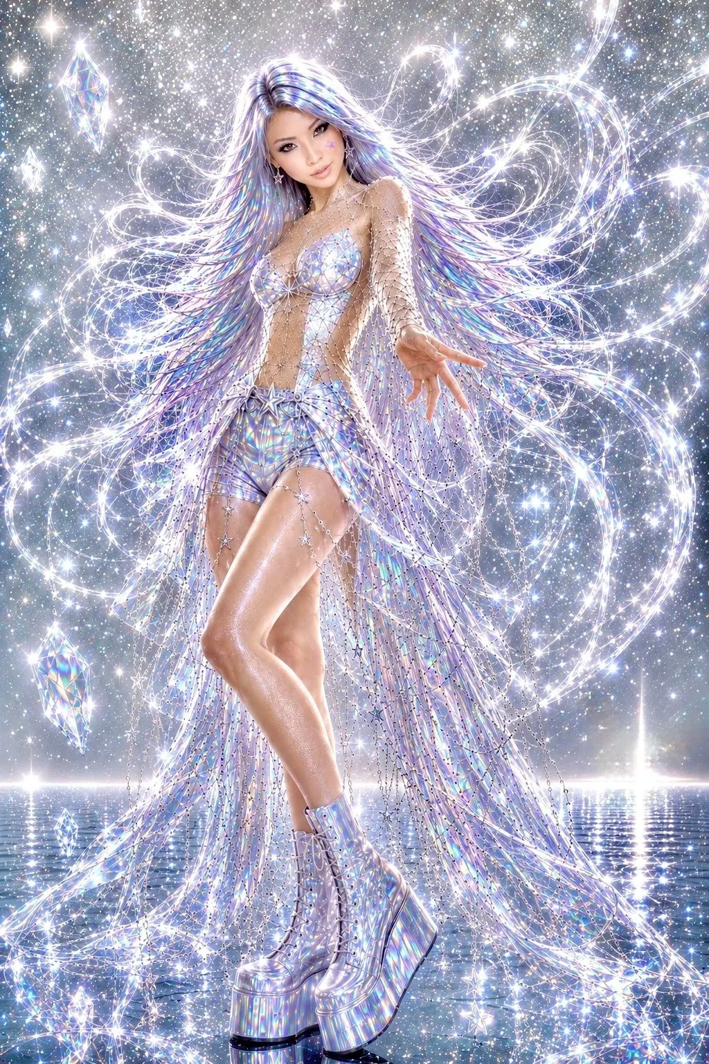 xoxojstar - a celestial woman dressed in a holographic, iridescent, star-themed swallowtail skirt with flowing, sparkling hair, standing amidst a glittering, cosmic mirror sky and sea.