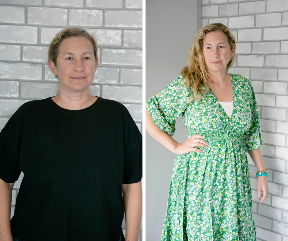 Style analysis showing a full hourglass in a green dress.