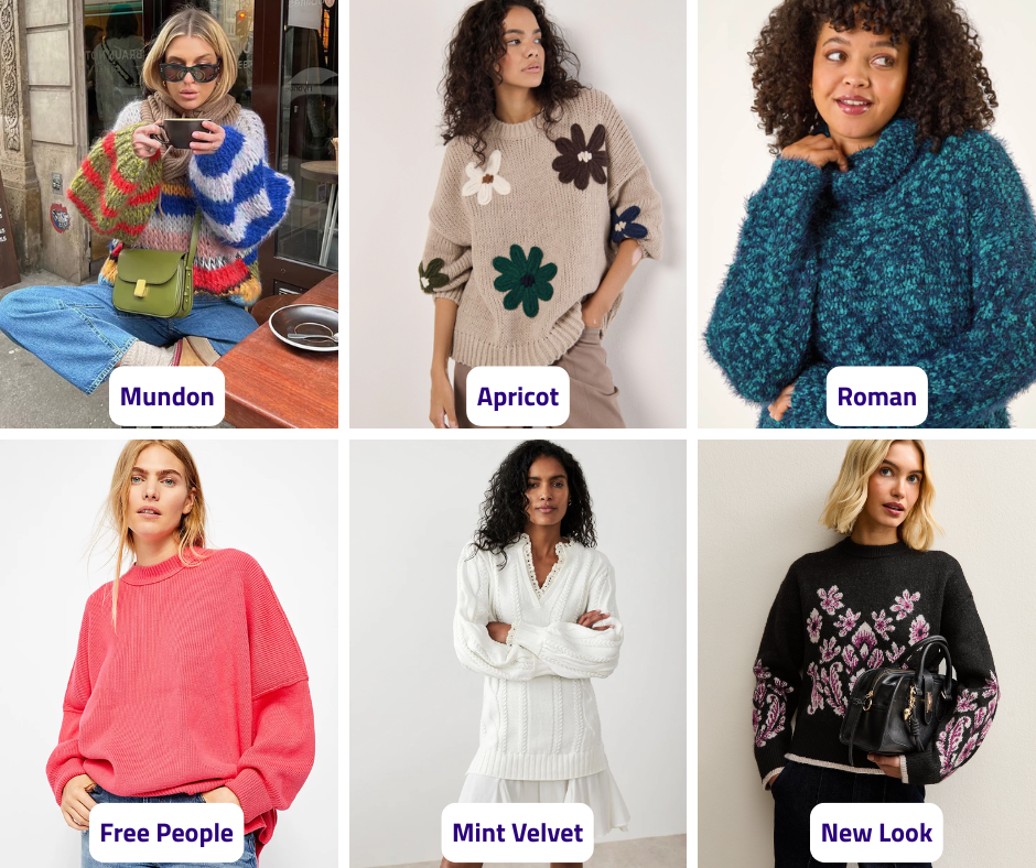 Jumpers from Mint Velvet, New Look, Free People, Apricot, Mundo and Roman