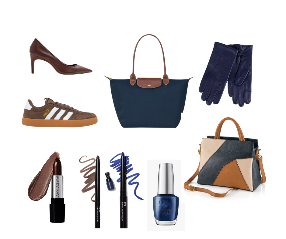 Blue and Brown accessories from the High street and Mary Kay