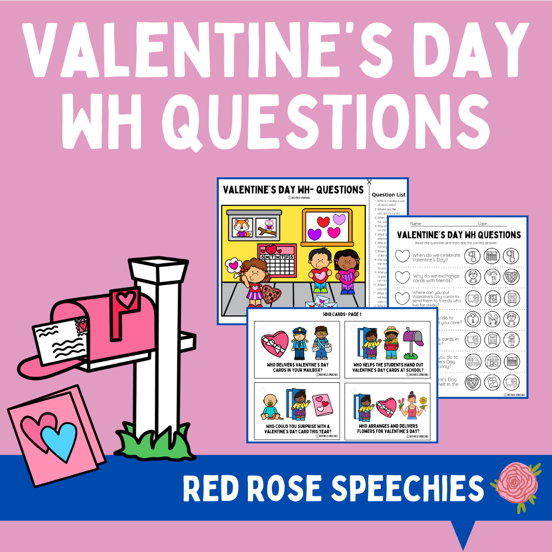 A pink background with the title 'Valentine's Day Wh Questions' in large white letters, featuring illustrations of heart-themed worksheets, cards, and a mailbox decorated for Valentine's Day, with the caption 'Red Rose Speeches' and a pink rose graphic.