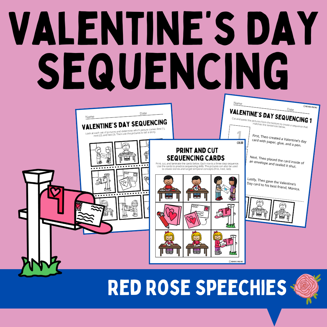 Valentine's Day sequencing activity booklet cover with illustrations of children, a mailbox, and Valentine’s Day cards.
