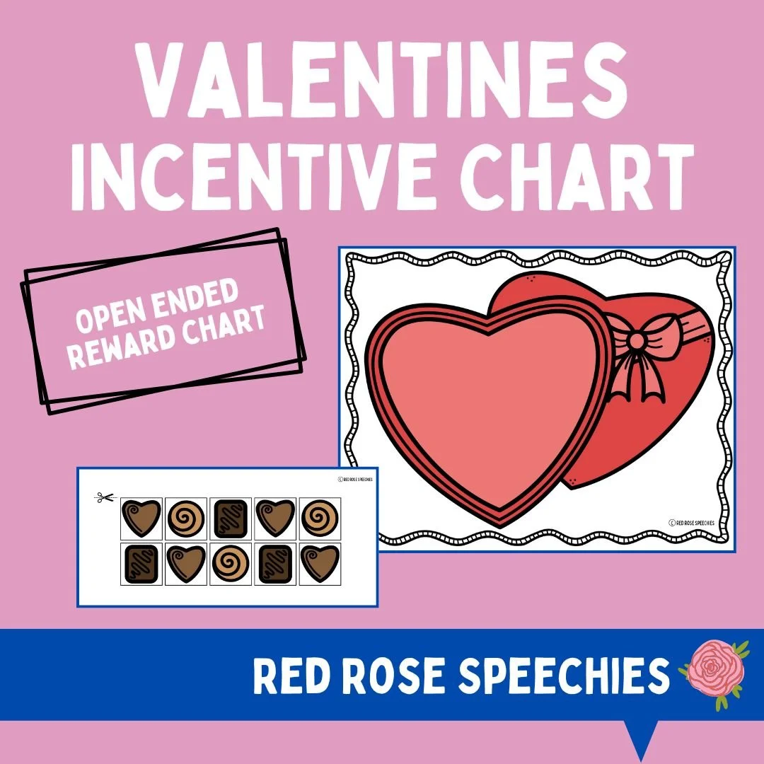Valentine's incentive chart with a pink background, featuring heart and gift box images, a reward chart with chocolate hearts and swirls, and text indicating 'Open Ended Reward Chart' and 'Red Rose Speechies'.