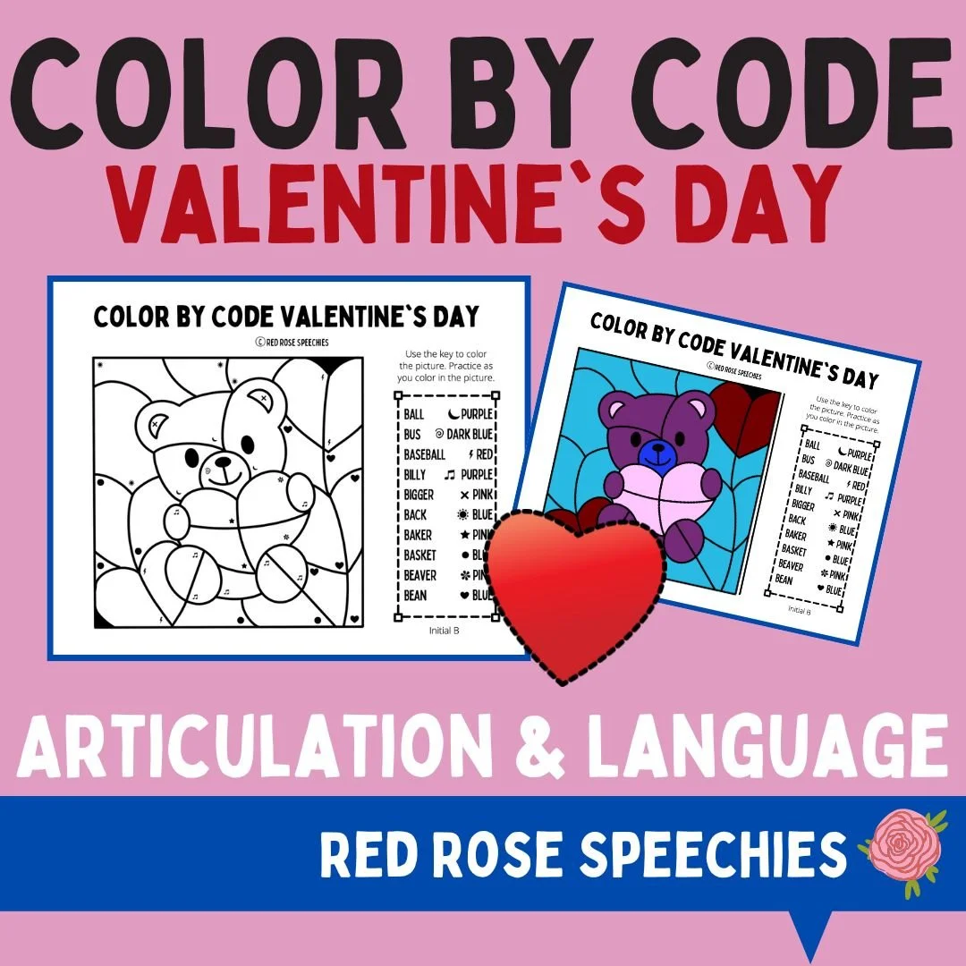 Color by code Valentine's Day art activity featuring a teddy bear, heart, and worksheet with color instructions.
