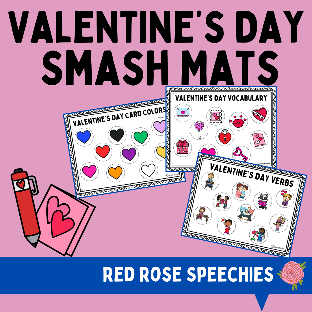 Pink background featuring educational Valentines Day activity cards with titles: "Valentine's Day Card Colors," "Valentine's Day Vocabulary," and "Valentine's Day Verbs." Includes illustrations of colorful hearts, a red pen, and a pink note with hearts. Blue banner at bottom reads "Red Rose Speechies" with a rose graphic.
