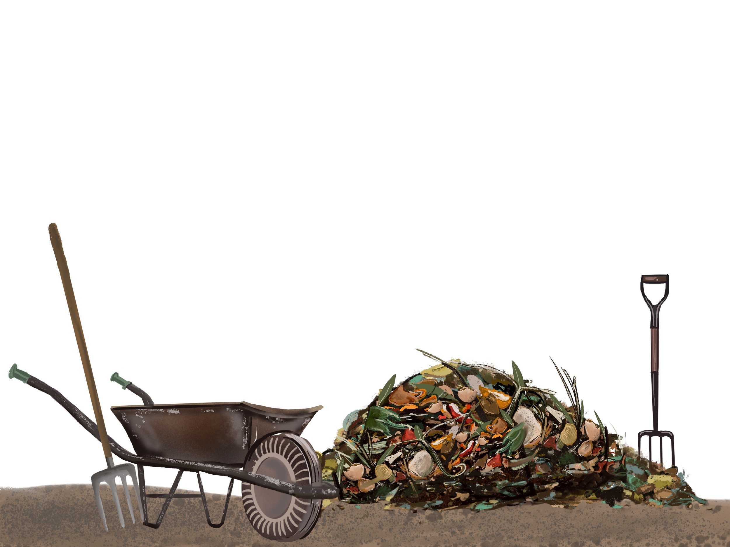 Wheel barrel and compost pile illustration