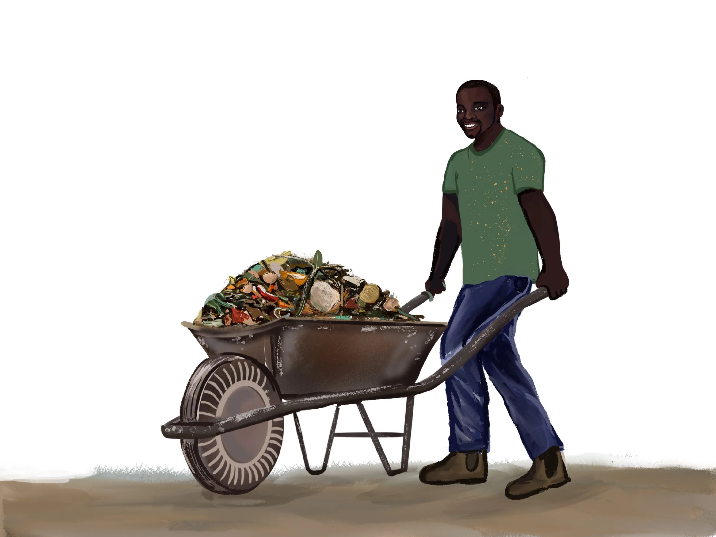 Men pushing a wheel barrel full of compost illustration