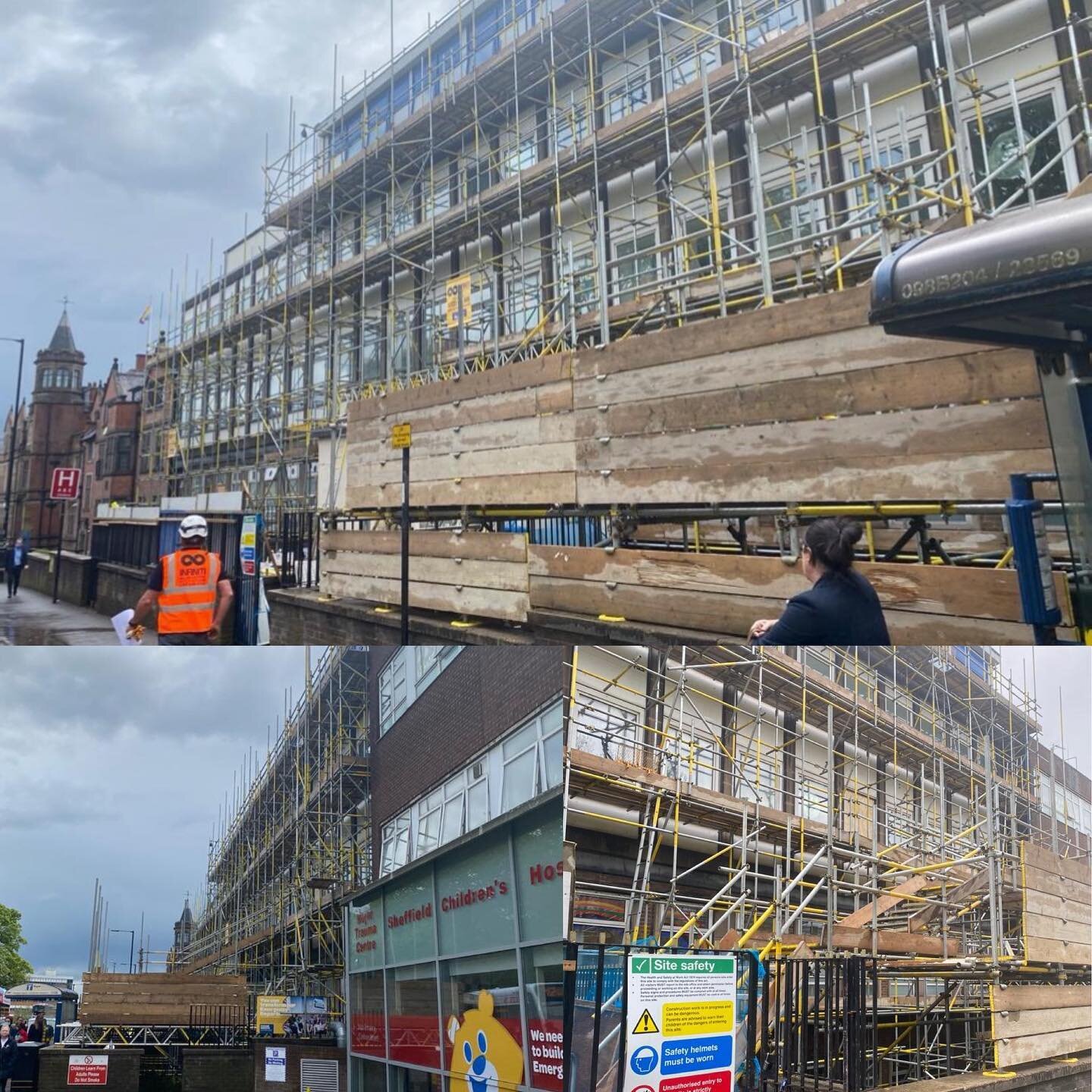 First phase of scaffold complete at Sheffield Children&rsquo;s Hospital in preparation for window replacements. Let&rsquo;s hope the weather clears up for the next phase ☀️ Job well done! 👏🏻 #scaffolding #scaffold #sheffield #thankyounhsstaff🌈