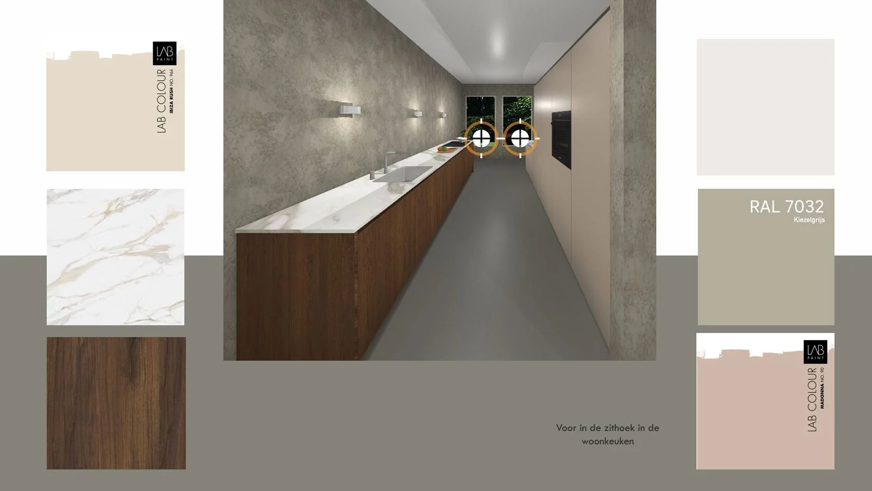 Een digitale rendering van een moderne keuken en verschillende kleurstalen en materialen.