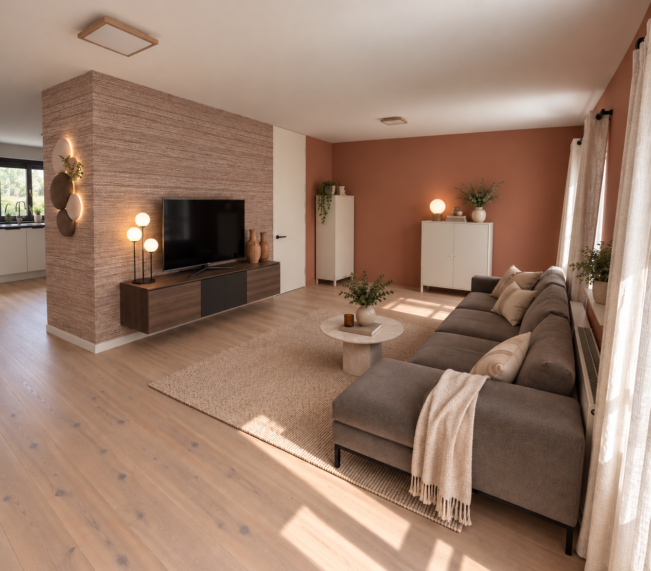 Modern woonkamer met hoekbank, televisie, houten vloer, vloerkleed, salontafel en warme terracotta wand.