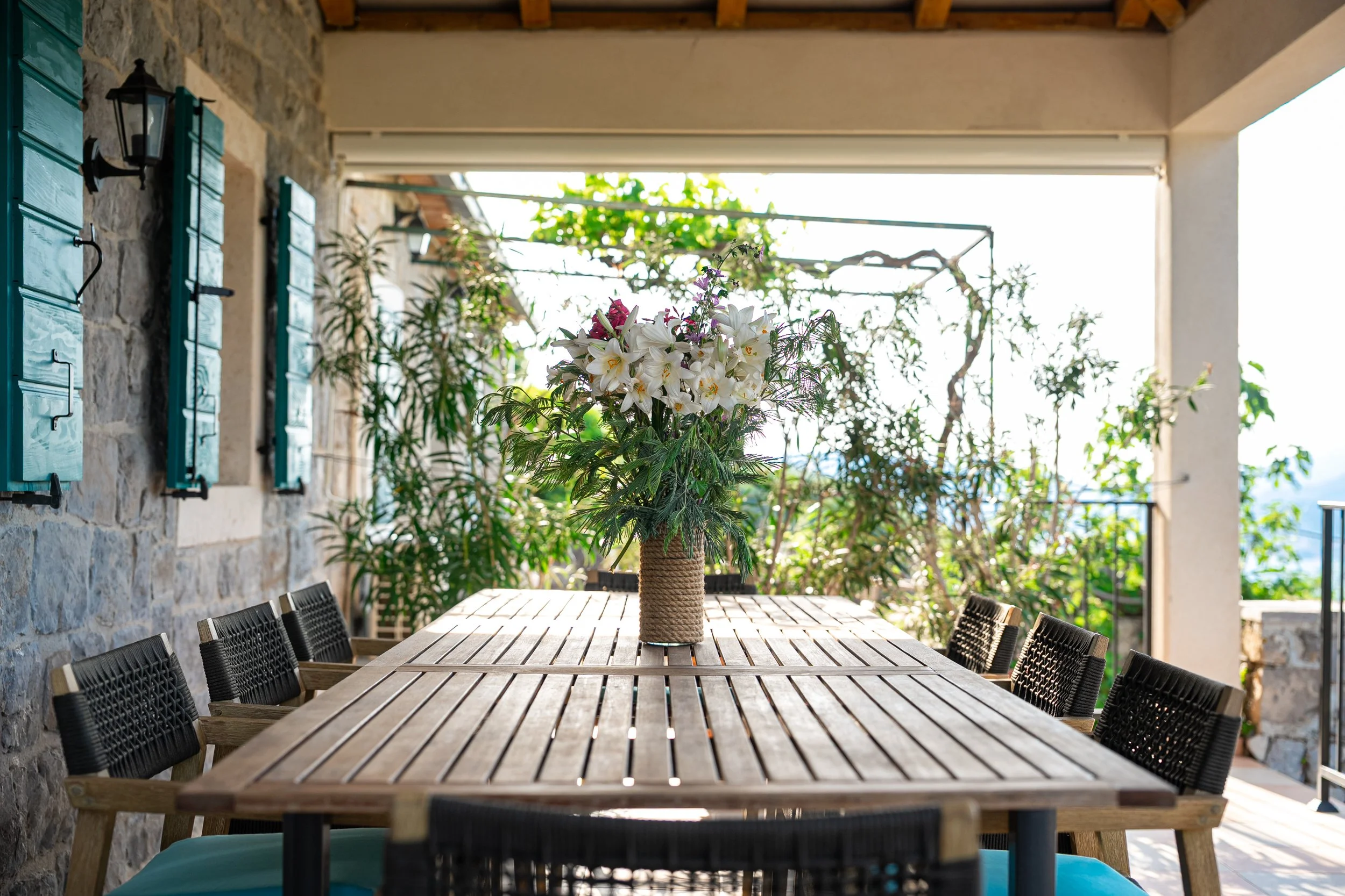 Flowers on terrace dining table