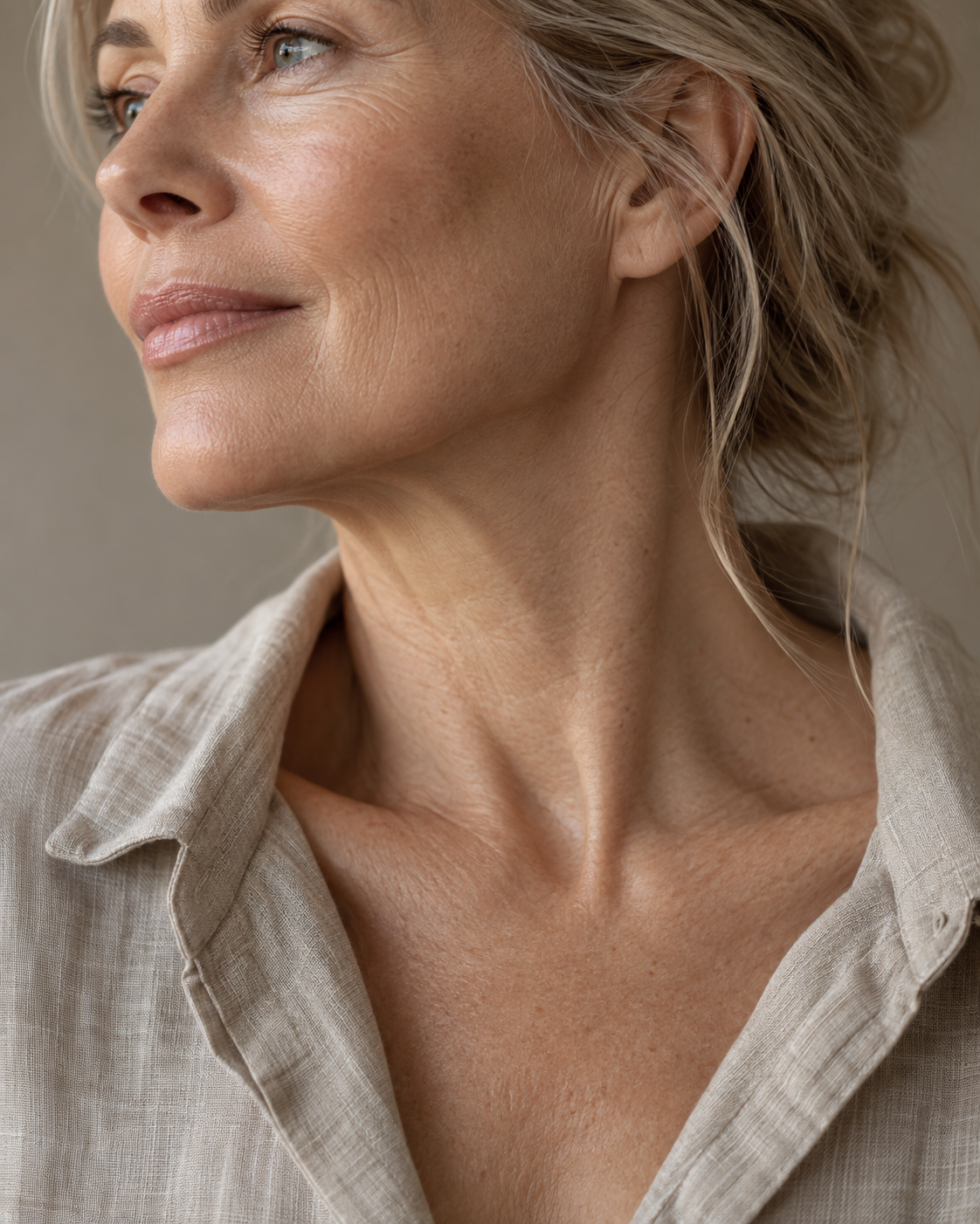 Närbild av en kvinnas hals och käklinje i mjuka, neutrala toner