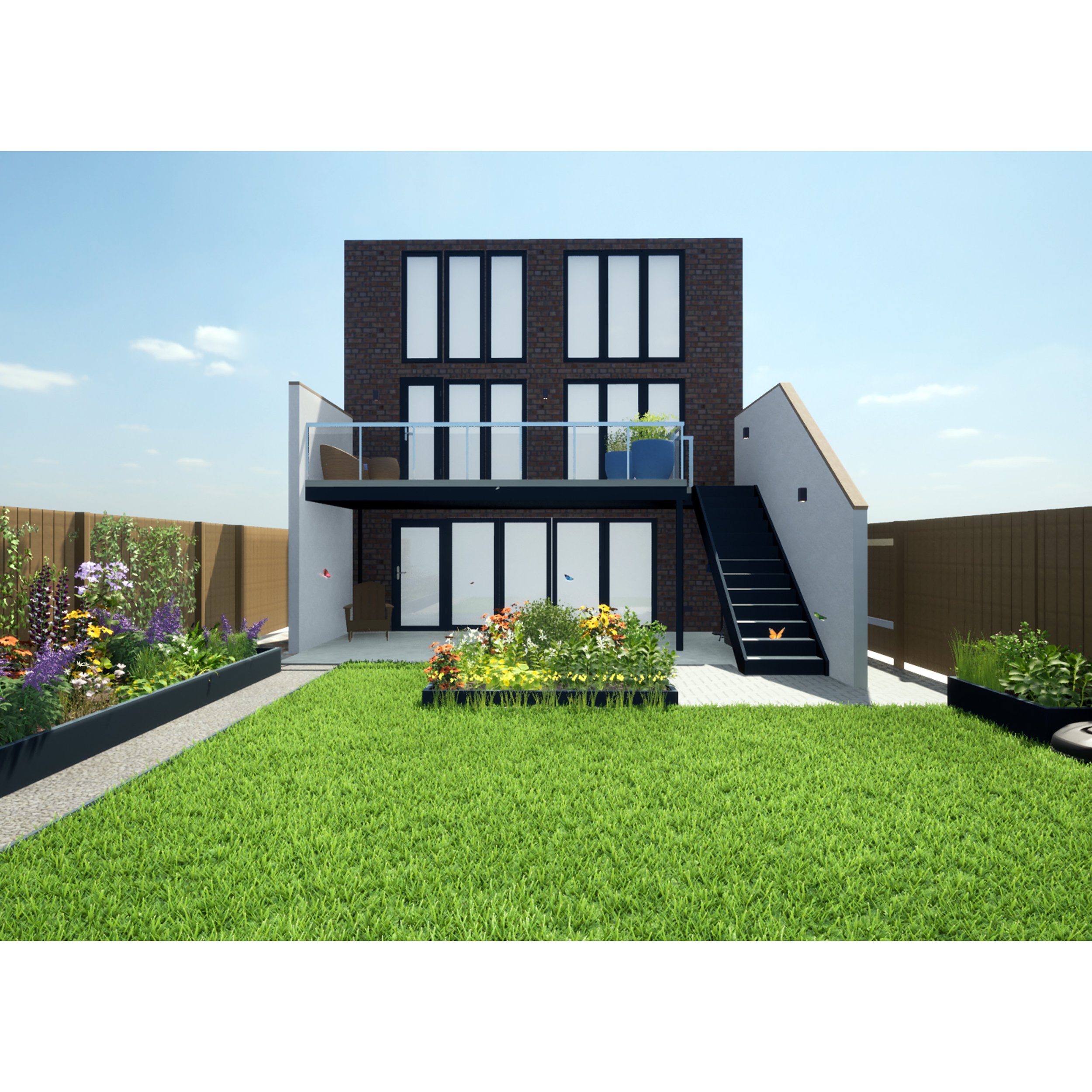 A rendered image of a contemporary townhouse with large windows and balconies, surrounded by a well-maintained green lawn and colorful flowers, under a clear blue sky.