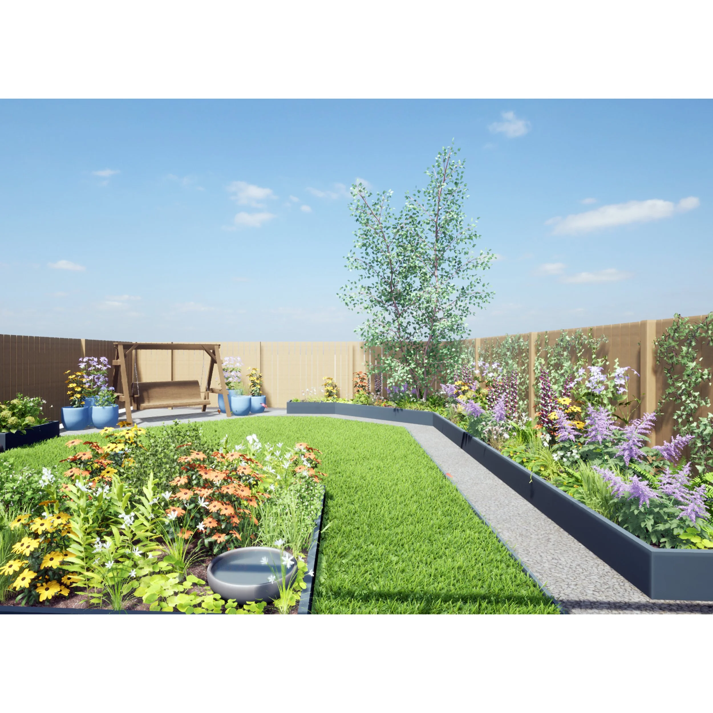 A rendered image of a metal raised flower bed filled with colorful flowers, an area of lush grass, a wooden swing seat, and a wooden fence under a blue sky with scattered clouds.