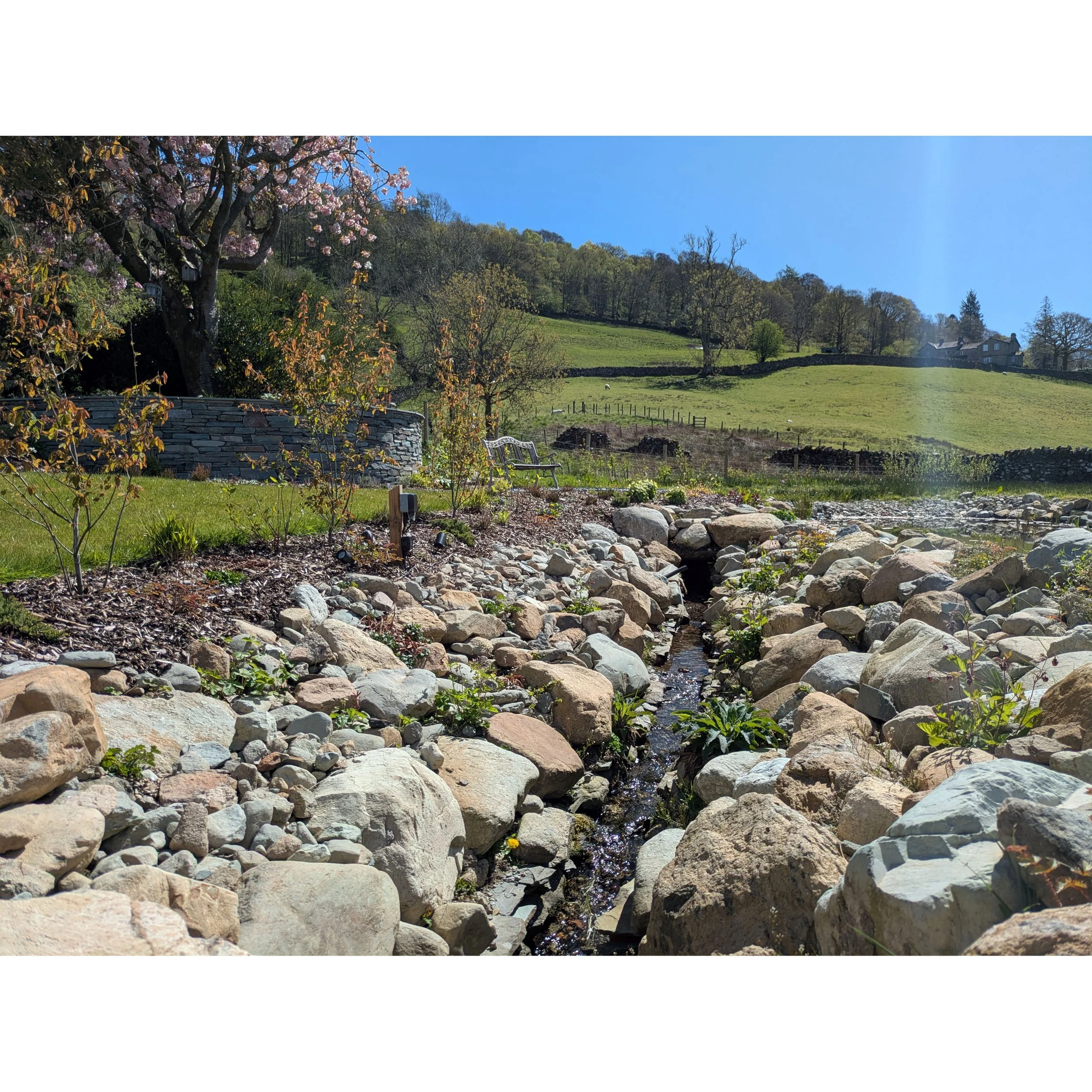 A small stream flowing over rocks through a lush green landscape with trees and a house in the distance under a clear blue sky.