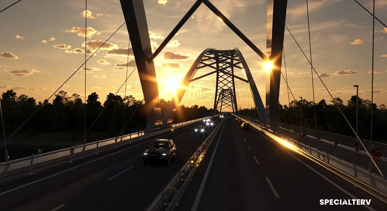 DANUBE BRIDGE

The construction of our first Danube-bridge, located near Moh&aacute;cs, Southern Hungary, can soon commence.
The total length of the vehicular river bridge is 750 m - the bridge&rsquo;s superstructure consists of three network arch br