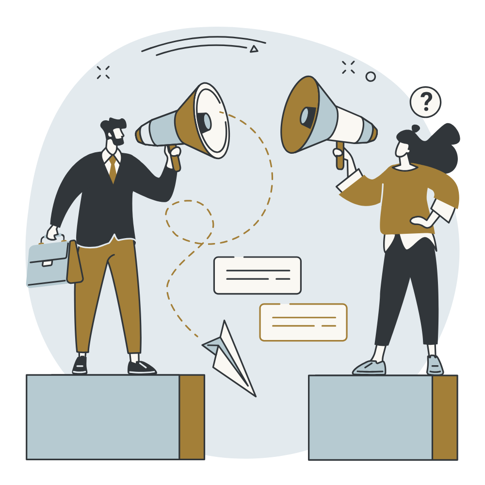 Illustration of a man and a woman with megaphones, standing on separate platforms, engaging in a debate or discussion, with speech bubbles and a paper airplane between them.
