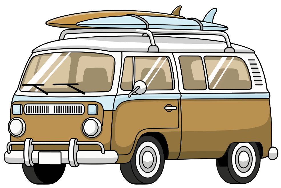 Vintage brown and white Volkswagen camper van with a surfboard on top.