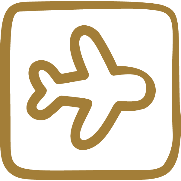 A simple, stylized airport departure or security icon with a plane inside a square outline.