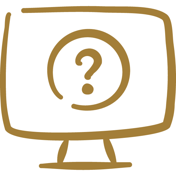 A computer monitor with a question mark inside a circle on the screen, outlined in gold on a black background.