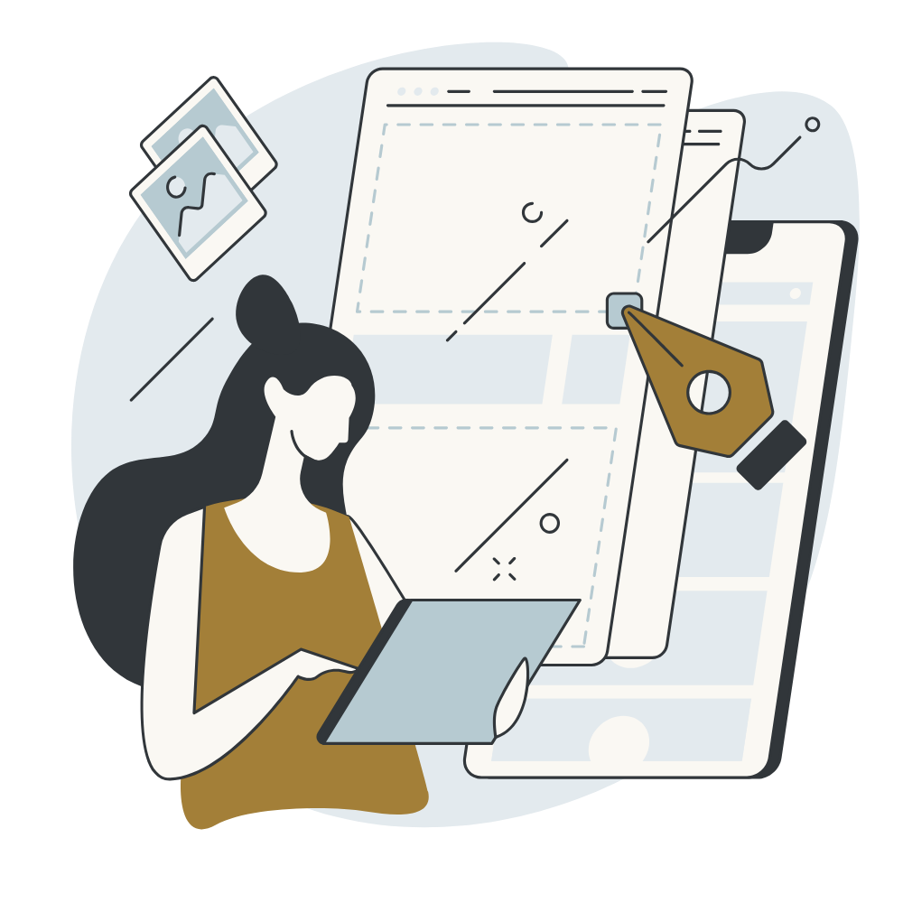 Illustration of a woman using a stylus on a tablet with a background of design drafts, photos, and a smartphone, symbolizing digital design or creative work.