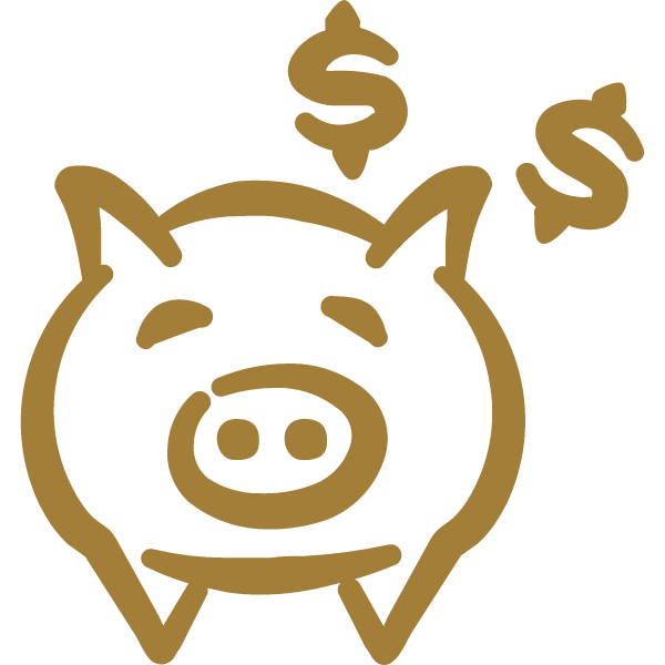 A cartoon pig face with dollar signs above its ears, representing a piggy bank or savings.