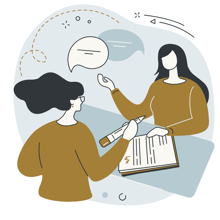Two women having a conversation, one is holding a notebook and pen, the other gesturing with her hand, with speech bubbles above them indicating dialogue.