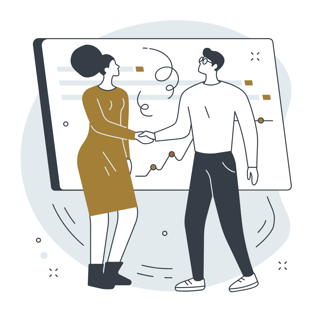 An illustration of a man and woman shaking hands in front of a large screen displaying financial graphs.