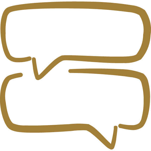 Two speech bubbles, one above the other, outlined in brown on a black background.