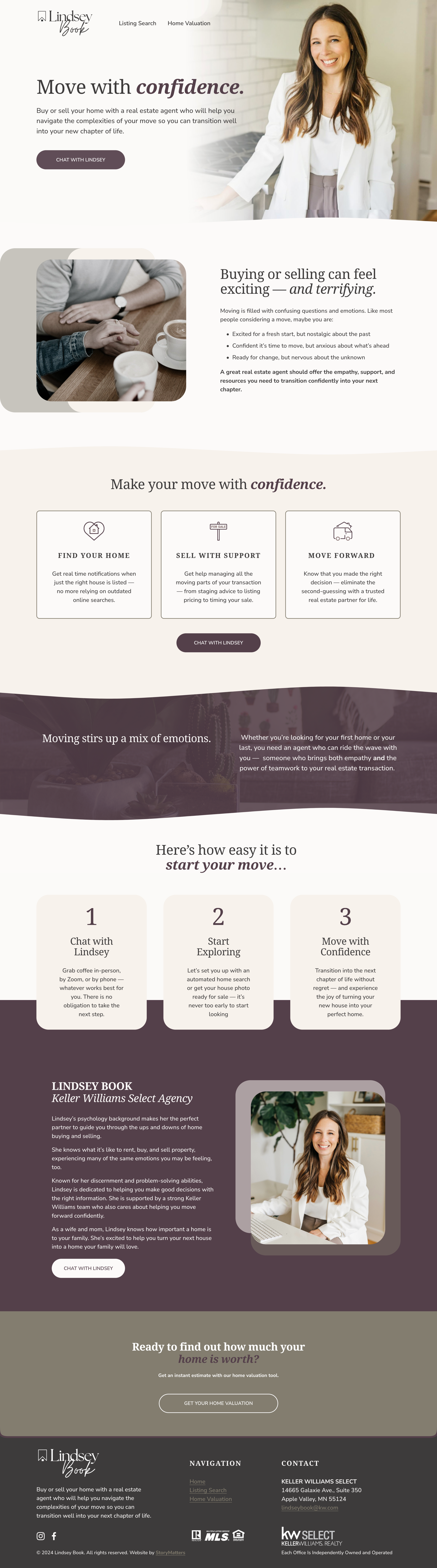 Homepage of Lindsey Book's real estate website showing a smiling woman in a white blazer, with sections about confident moving, buying or selling homes, a simple three-step process, and contact info.