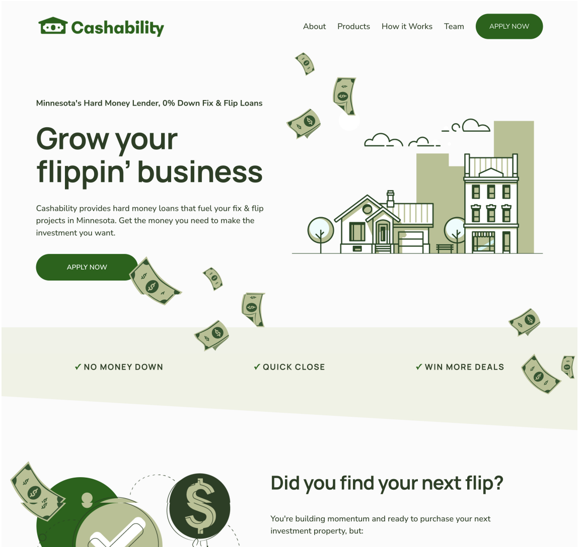 Website homepage for Cashability, a Minnesota-based loan company, featuring illustrations of houses, dollar bills, and a call to action button labeled 'Apply Now'.