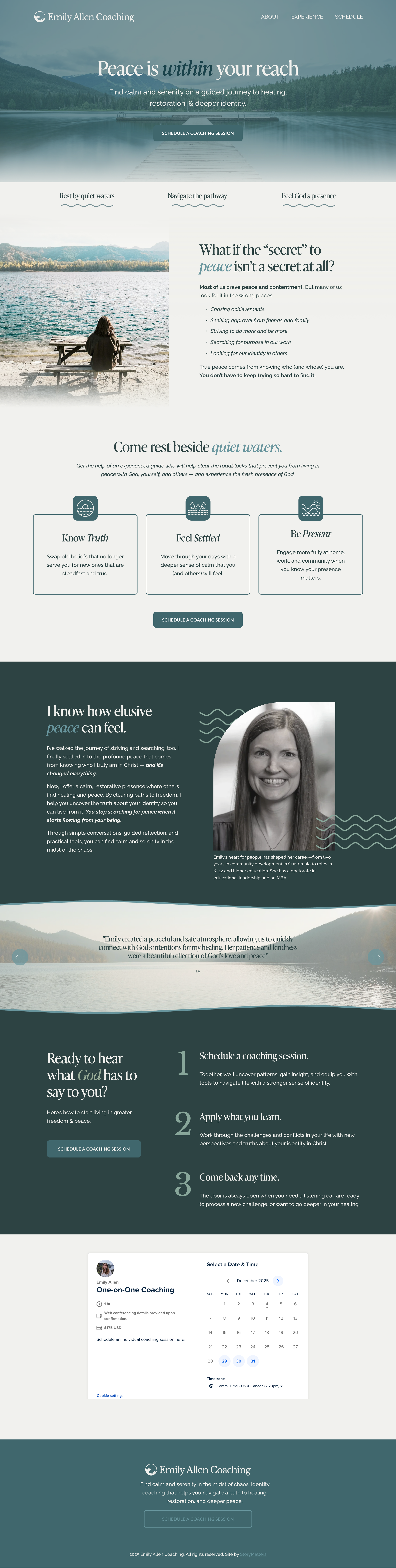 A coaching website for Emily Allen Coaching featuring a serene lakeside scene with a dock extending into the water and mountains in the background, with sections about peace, coaching services, and a smiling woman portrait.