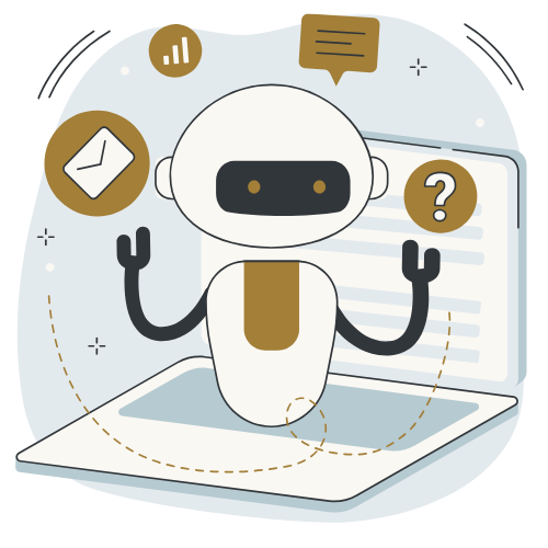 A cartoon robot with a white body and black face on a laptop, surrounded by icons representing charts, messages, and questions.