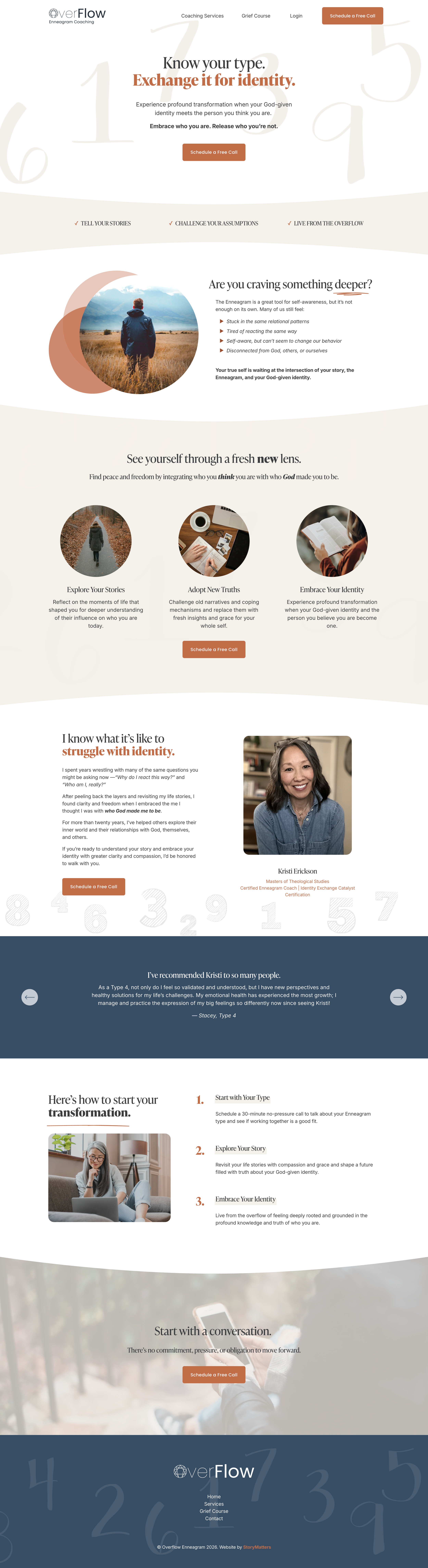 Overflow Enneagram Coaching's homepage featuring custom design and copy