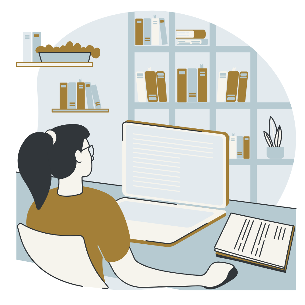 Person sitting at a desk using a laptop in front of a bookshelf with books and a potted plant on the shelves.