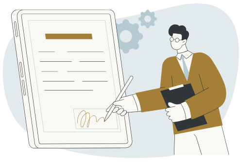 Illustration of a person signing a document with a pen, holding a folder, with gears in the background.