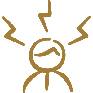 Drawing of a person with a stressed expression, surrounded by zigzag lines indicating stress or headache.
