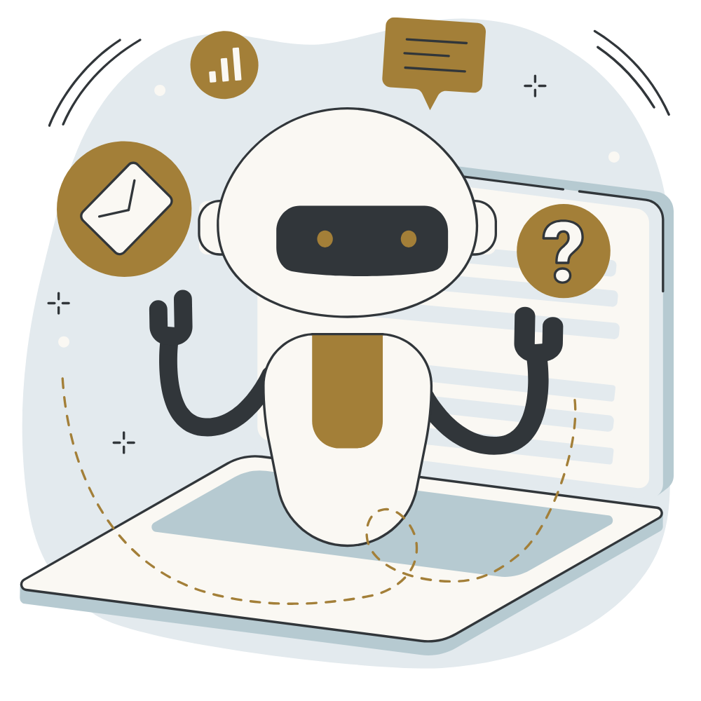 An illustration of a robot with a white body and black face, sitting at a laptop with icons of a clock, bar chart, speech bubble, question mark, and clipboard surrounding it.