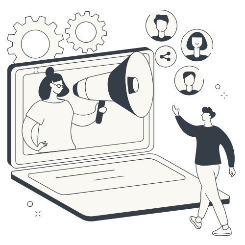 A person holding a microphone as a woman appears on a laptop screen with gears and social media icons around.