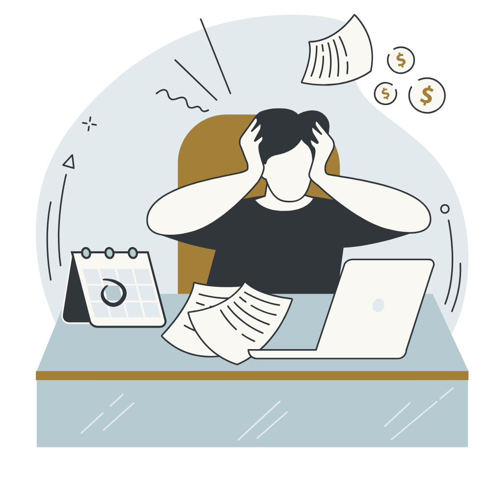 An illustrated person sitting at a cluttered desk, holding their head with both hands, surrounded by papers, a laptop, a calendar, and money, depicting stress or frustration.