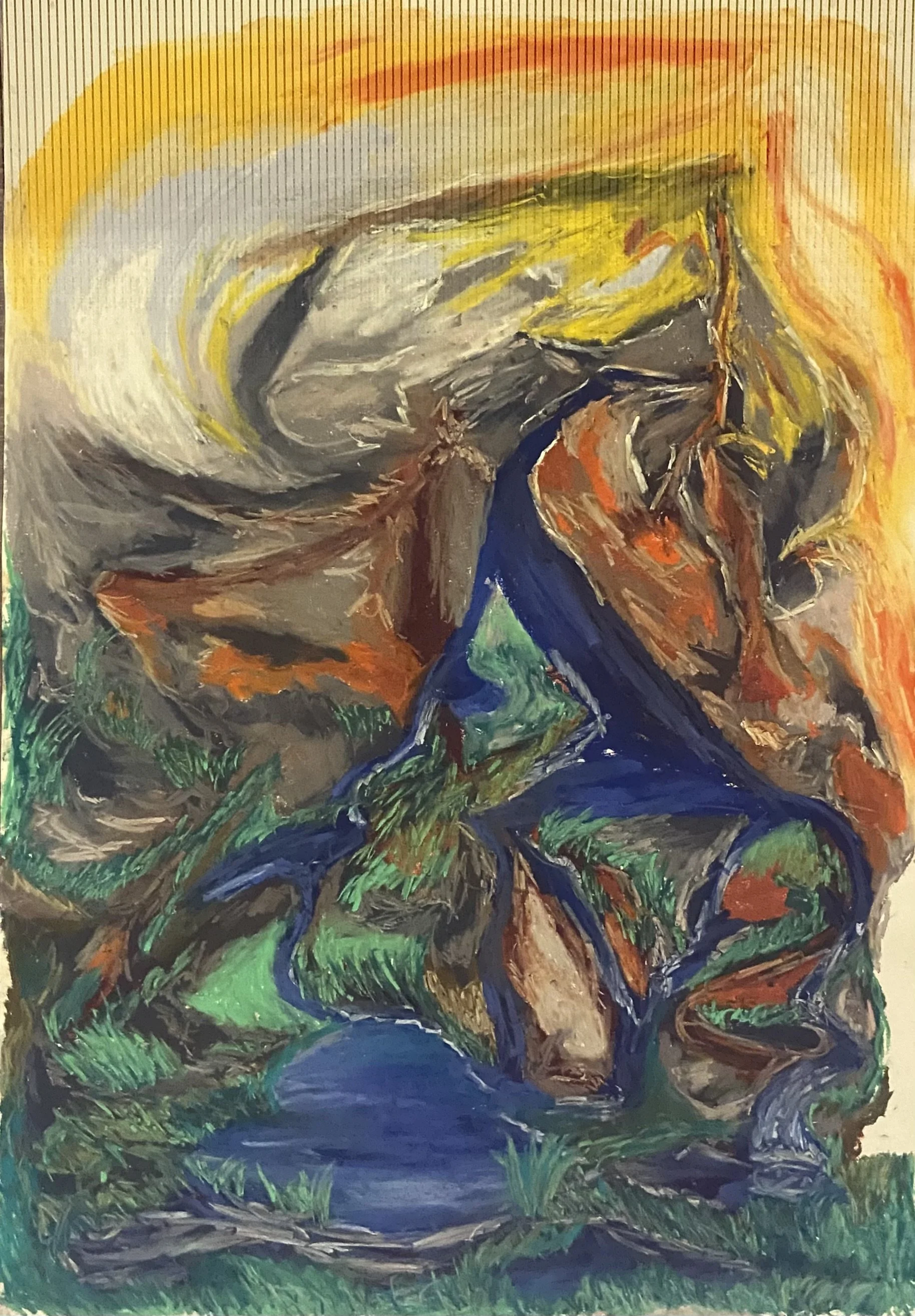 Ein impressionistisches Gemälde, das einen Fluss zeigt, umgeben von grünen Ufern und bunten Naturfarben, mit einem Himmel in sanften Tönen im Hintergrund.