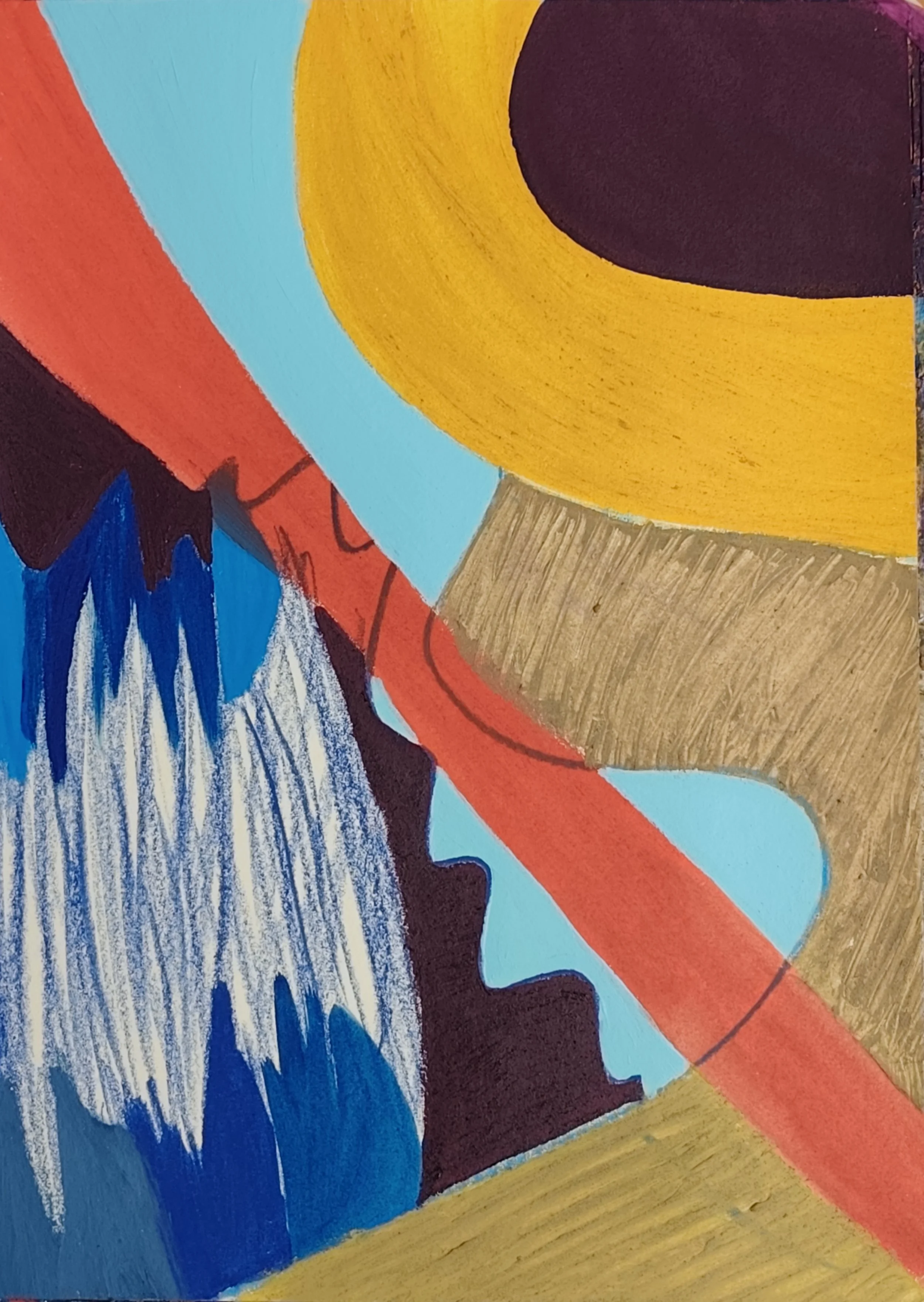 Abstrakte bunte Malerei mit blauer, roter, gelber und schwarzen Farbfeldern, Linien und Texturen.
